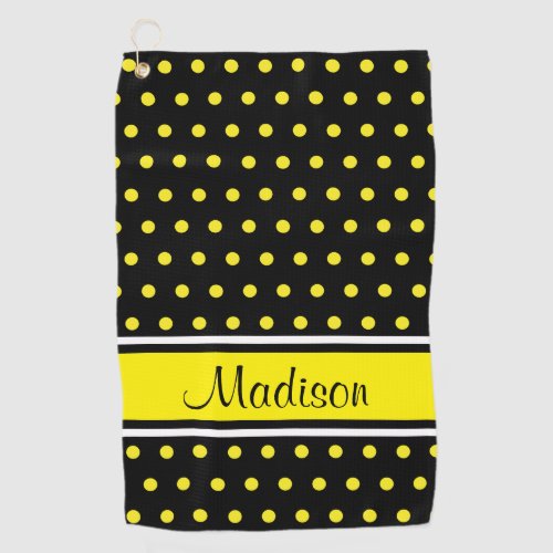 Black Bright Yellow Polka Dot Stripe Script Name Golf Towel