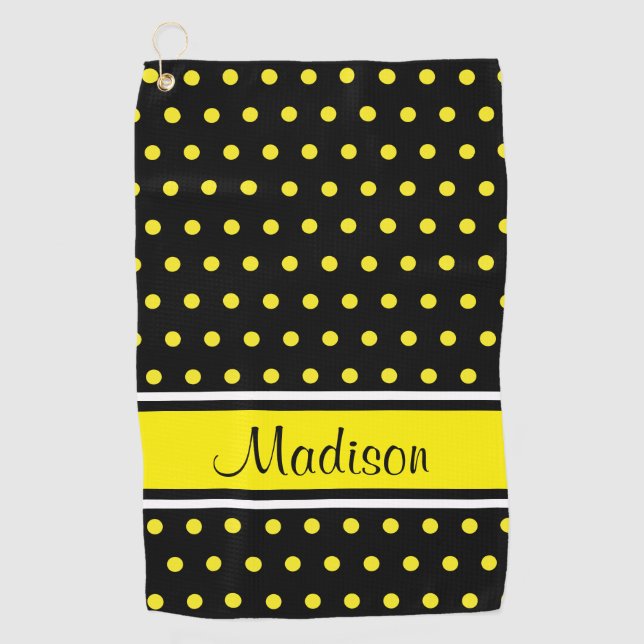 Black Bright Yellow Polka Dot Stripe Script Name Golf Towel (Front)