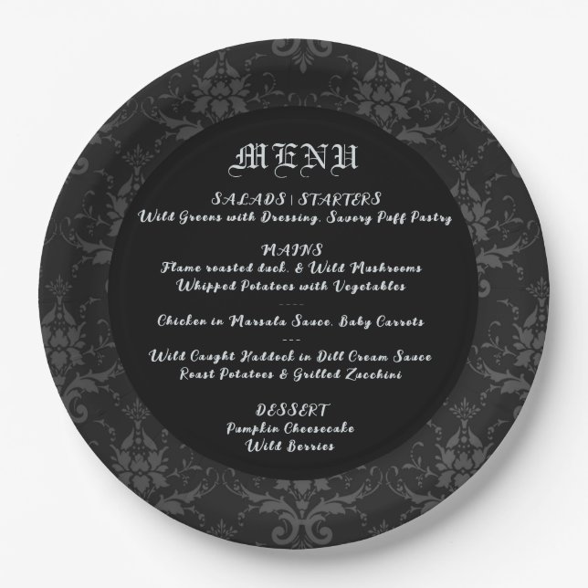 Black Brocade Gothic Theme Wedding & Dinner Menu Paper Plates (Front)