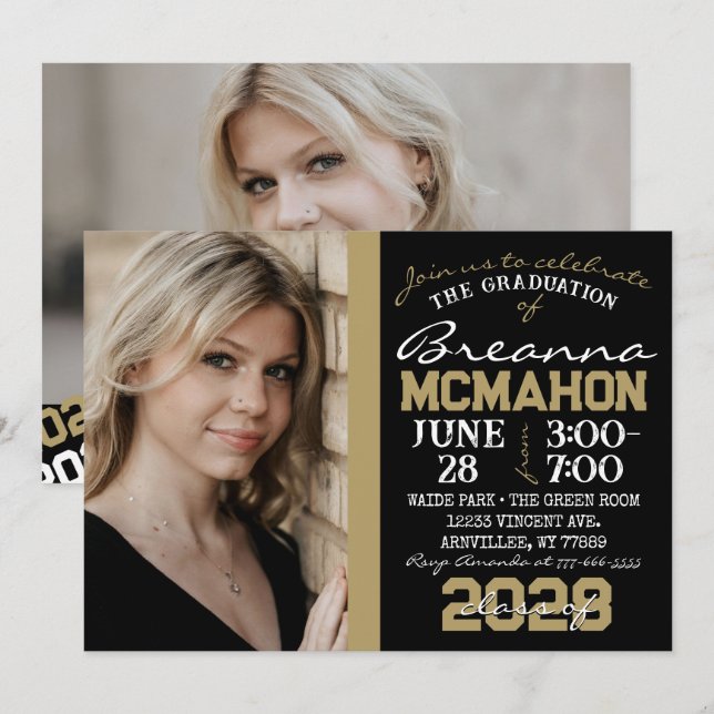 Black & Bronze Gold Graduation 2 Photo Invitation (Front/Back)