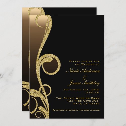 Black  Bronze Gold Modern Elegant Swirl Wedding Invitation