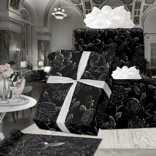 Black  Bronze Gold Moonlit Floral Vine Wrapping Paper Sheets