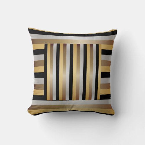 Black Bronze Silver and Gold Stripes Throw Pillow