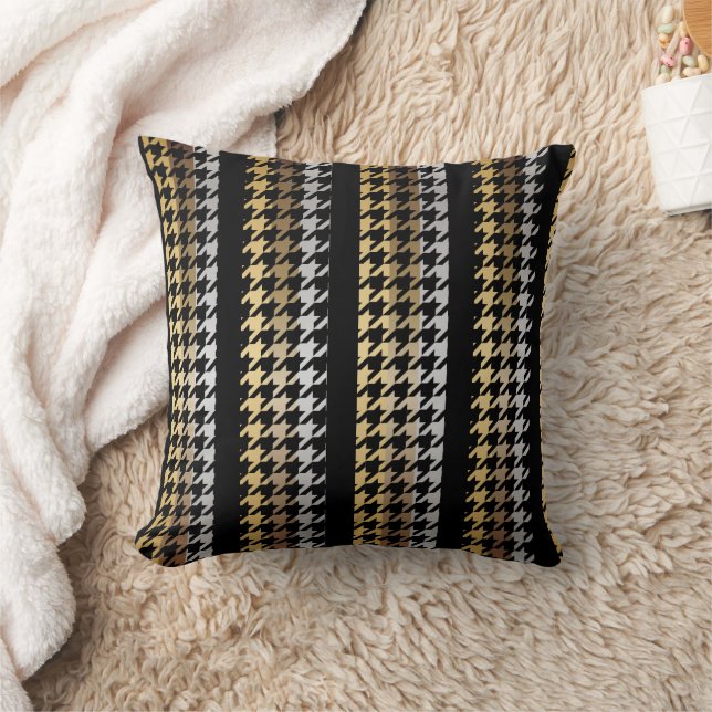 Black, Bronze, Silver & Gold Stripes Houndstooth Throw Pillow (Blanket)