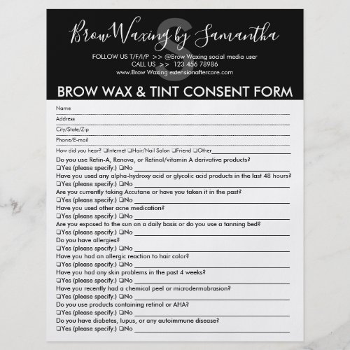 Black Brow Wax Tint Customer Consent Waiver Form Flyer