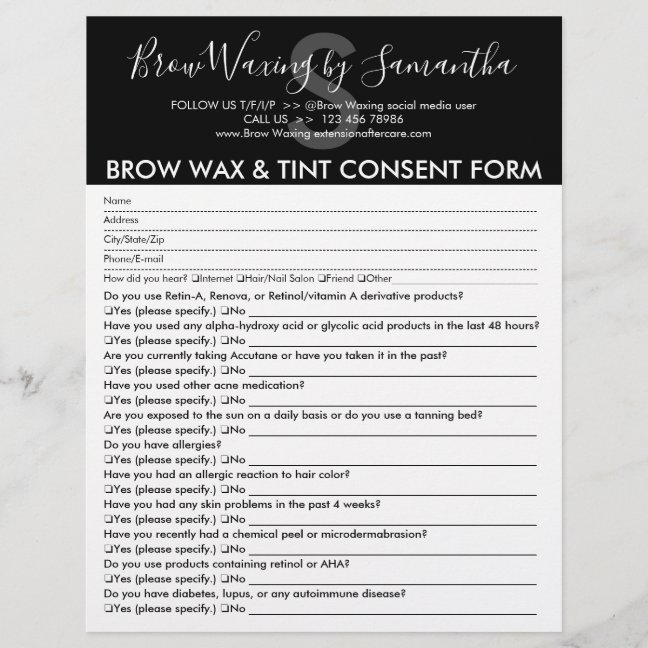 Black Brow Wax Tint Customer Consent Waiver Form Flyer