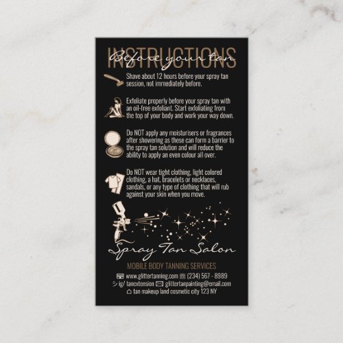 Black Brown After Care Instruction Spray Tan Business Card