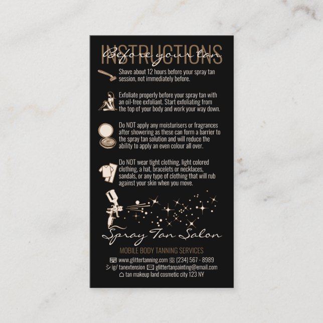 Black Brown After Care Instruction Spray Tan Business Card (Front)