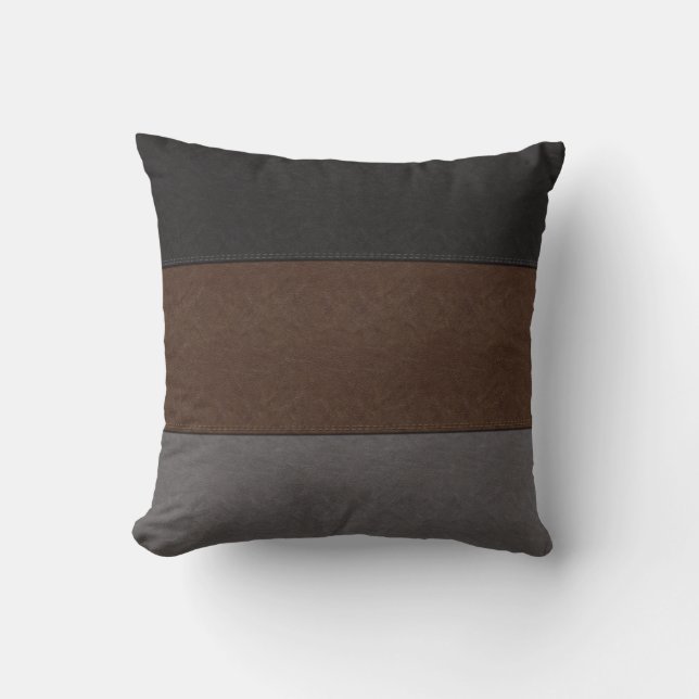 Black Brown and Gray Leather Look Throw Pillow (Front)