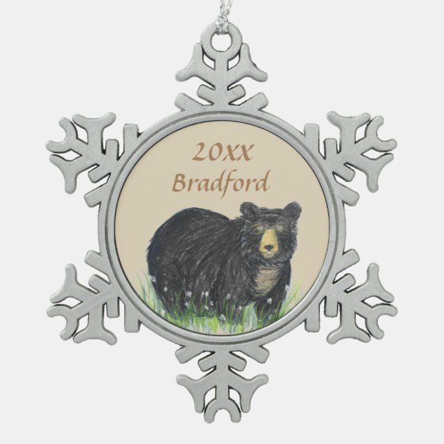 Black brown bear, Personalize name date Snowflake Pewter Christmas Ornament (Front)