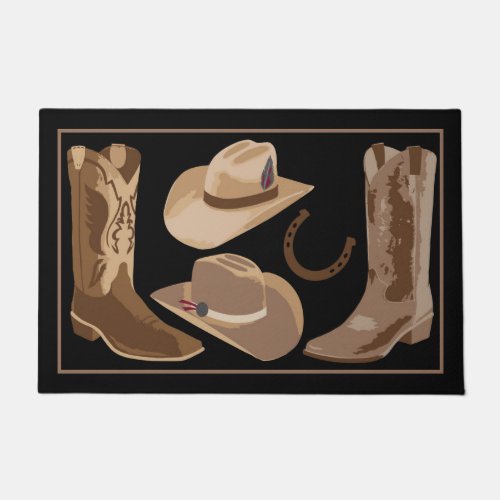 Black Brown Cowboy Boots Hats Horseshoes Doormat