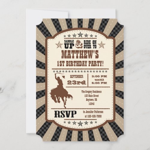 Black Brown Cowboy Rodeo Birthday Party Invitation