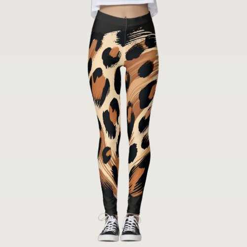 Black Brown Cream Painted Leopard Animal Print  Leggings