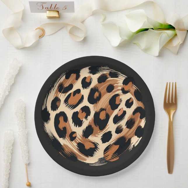 Black Brown Cream Painted Leopard Animal Print Paper Plates (Wedding)