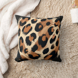 Black Brown Cream Painted Leopard Animal Print Throw Pillow