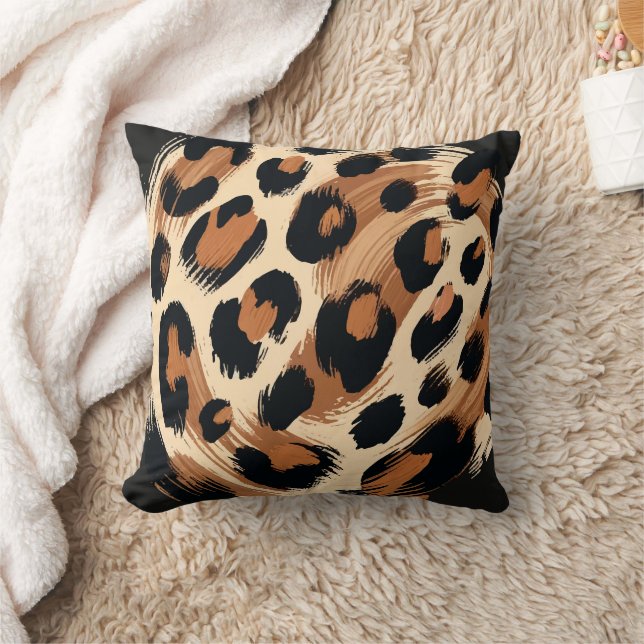 Black Brown Cream Painted Leopard Animal Print  Throw Pillow (Blanket)