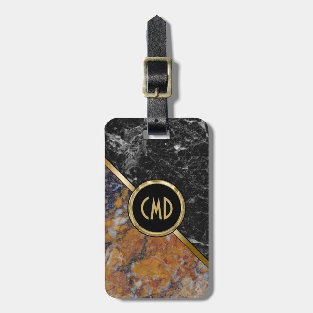 Black & Brown Faux Marble Gold Accent Luggage Tag (Front Vertical)
