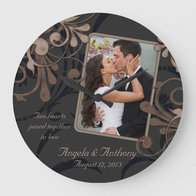 Black Brown Floral Personalized Photo Template Large Clock (Front)