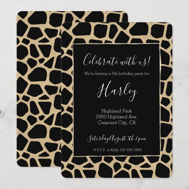 Black Brown Giraffe Print Invitation (Front/Back)