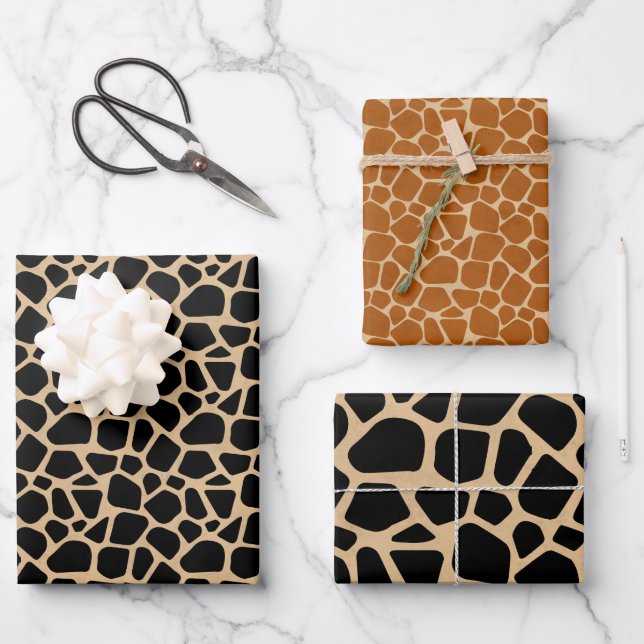 Black Brown Giraffe Print Wrapping Paper Sheets (Front)