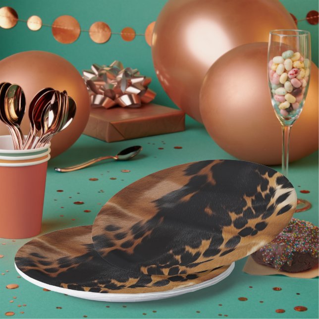 Black Brown Gold Cowhide  Paper Plates (Multi)