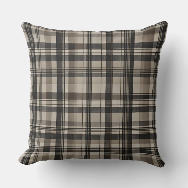 Black Brown Gray Farmhouse Plaid Throw Pillow (Front)