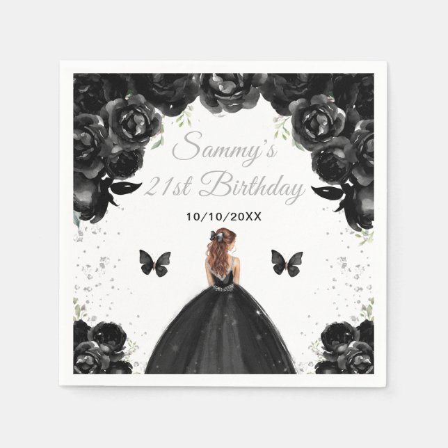 Black Brown Hair Princess Birthday Party Napkins (Front)