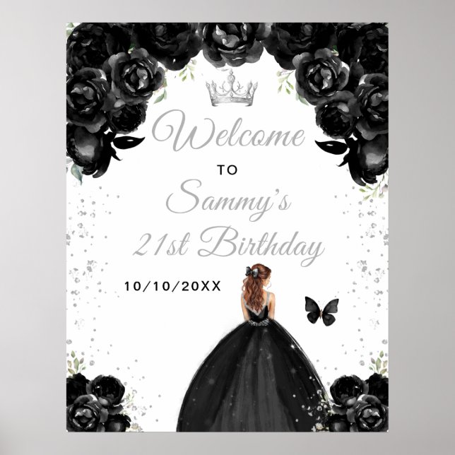 Black Brown Hair Princess Birthday Welcome Poster (Front)