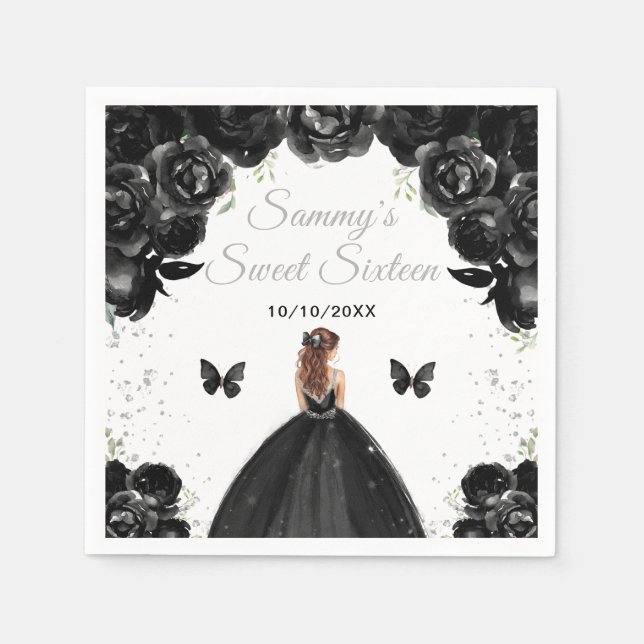 Black Brown Hair Princess Sweet Sixteen Napkins (Front)