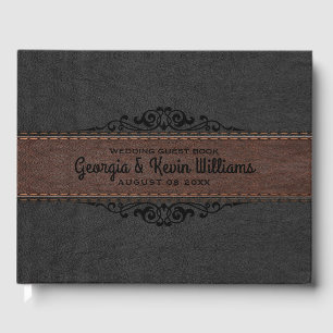 Black & Brown Leather Black Floral Accent Guest Book