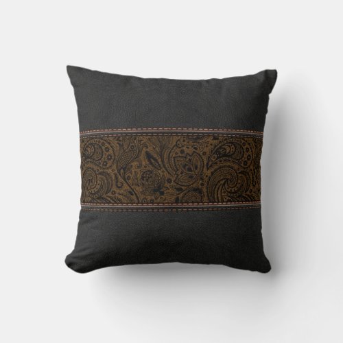 Black  Brown Leather Black Paisley Accent Throw Pillow