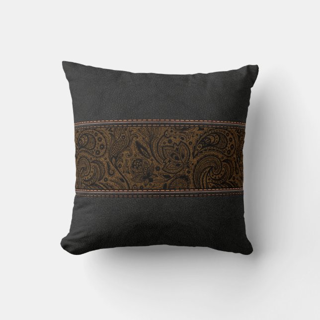 Black & Brown Leather Black Paisley Accent Throw Pillow (Front)