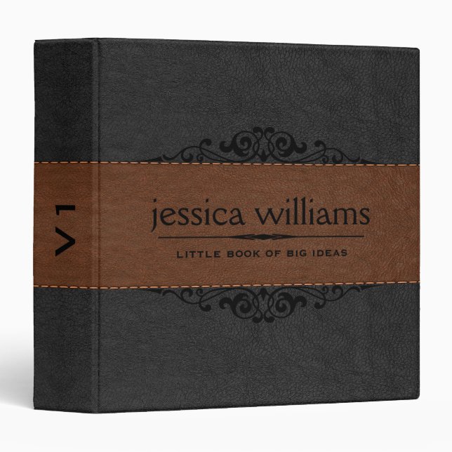 Black & Brown Leather Decorative Element 3 Ring Binder (Front/Spine)