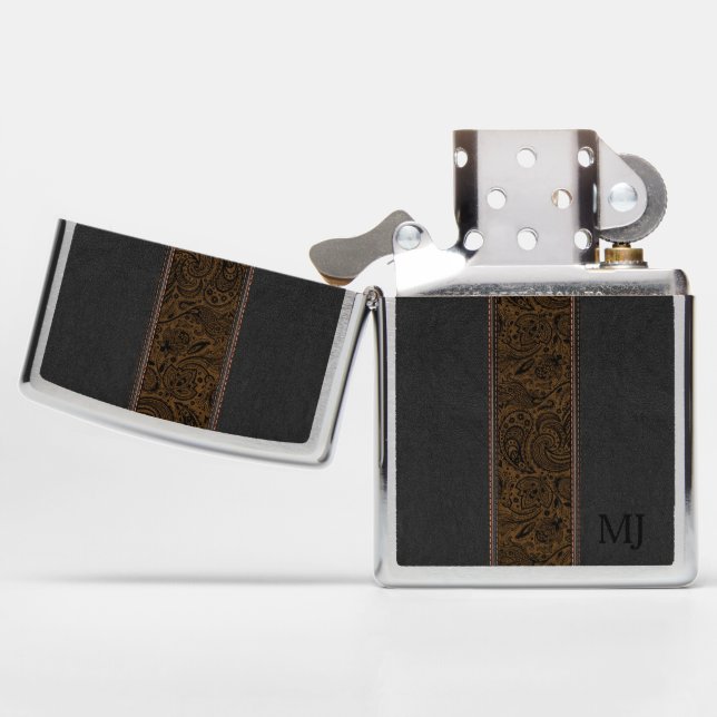 Black & Brown Leather Floral Paisley Accent Zippo Lighter (Opened)