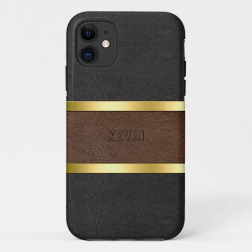 Black  Brown Leather Gold Accents iPhone 11 Case