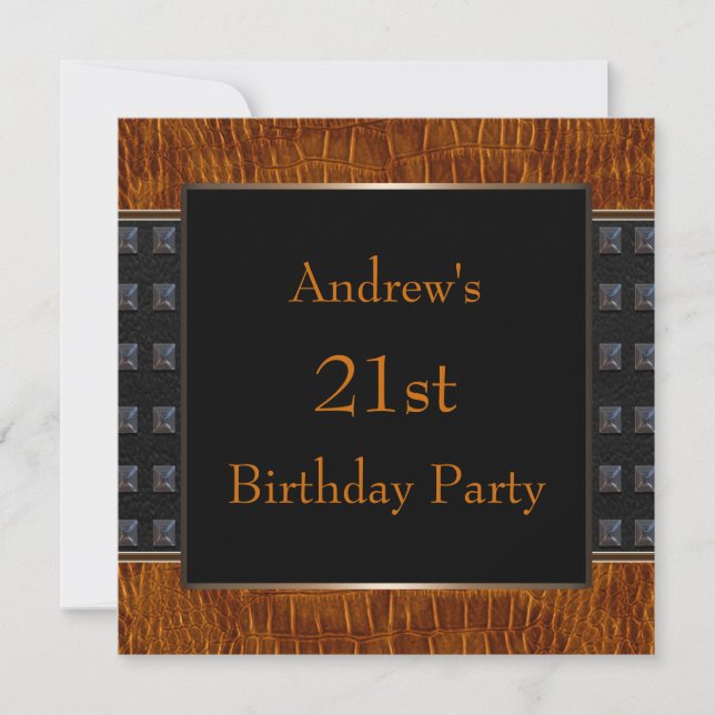Black Brown Leather Mans 21st Birthday Party Invitation (Front)