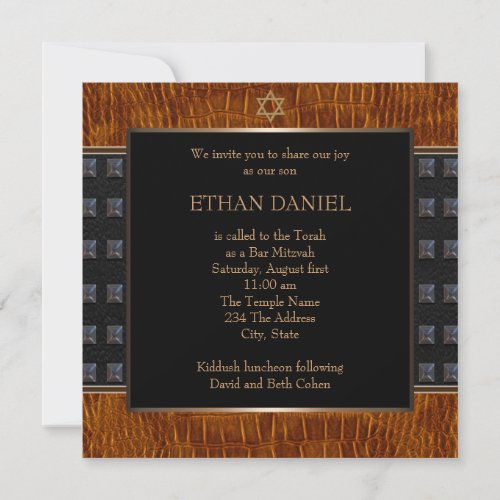 Black Brown Leather Star of David Bar Mitzvah Custom Announcement