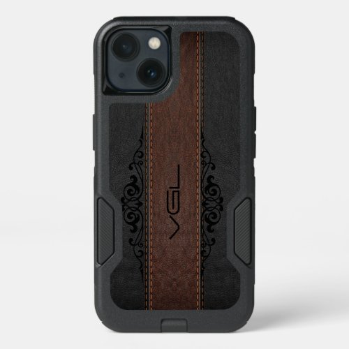 Black  Brown Leather Stripes Monogram iPhone 13 Case