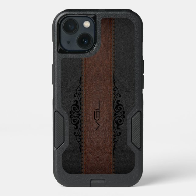 Black & Brown Leather Texture Monogram Otterbox iPhone Case (Back)