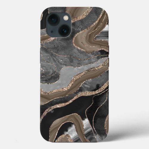 Black Brown Marble Agate Gold Glitter Glam 1  iPhone 13 Case