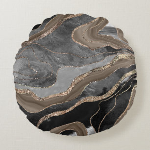 Black Brown Marble Agate Gold Glitter Glam #1  Round Pillow