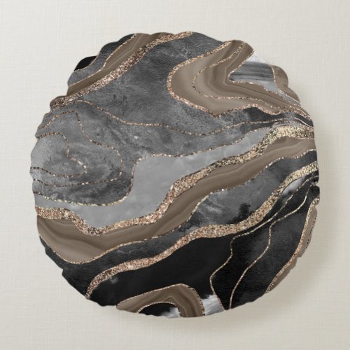 Black Brown Marble Agate Gold Glitter Glam 1  Round Pillow