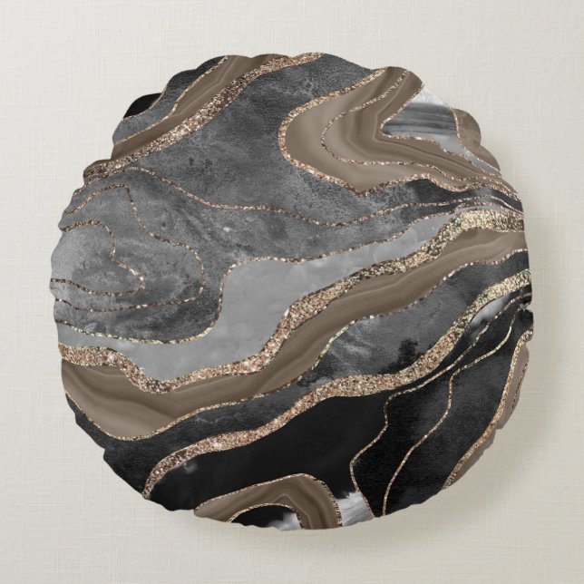 Black Brown Marble Agate Gold Glitter Glam #1  Round Pillow (Front)
