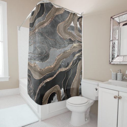 Black Brown Marble Agate Gold Glitter Glam 1  Shower Curtain