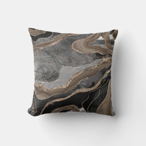 Black Brown Marble Agate Gold Glitter Glam 1  Throw Pillow