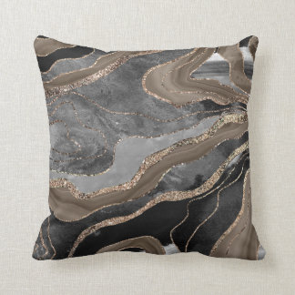 Black Brown Marble Agate Gold Glitter Glam #1  Throw Pillow