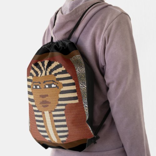 Black Brown Pharaoh King Tut Artisan Crochet Print Drawstring Bag