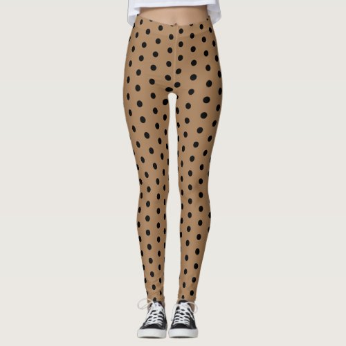 Black brown polka dots retro pattern leggings