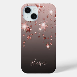 Black brown rose gold stars name girly iPhone 15 case