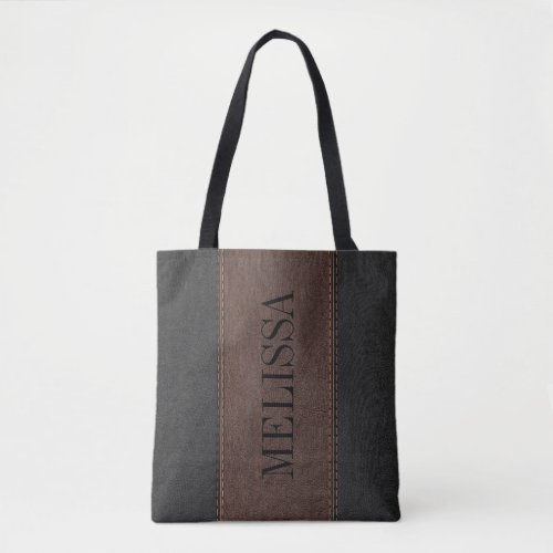 Black  Brown Stitched Leather Texture Tote Bag